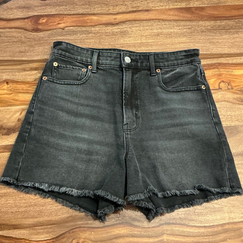 American Eagle Black Denim Mom Shorts High Waisted Frayed Hem Womens‎ Size 4
